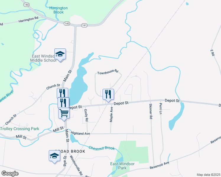 map of restaurants, bars, coffee shops, grocery stores, and more near 8A Townhouse Road in East Windsor