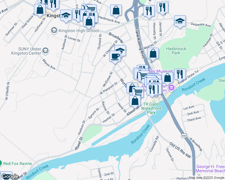 map of restaurants, bars, coffee shops, grocery stores, and more near 69 Spring Street in Kingston