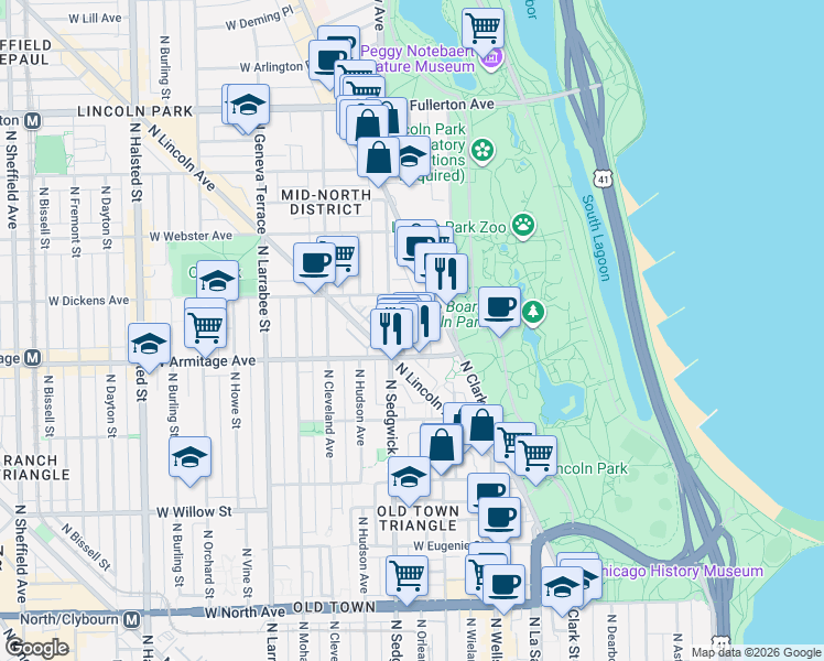 map of restaurants, bars, coffee shops, grocery stores, and more near 2026 North Clark Street in Chicago