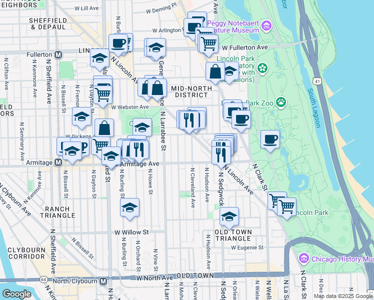 map of restaurants, bars, coffee shops, grocery stores, and more near 2021 North Mohawk Street in Chicago