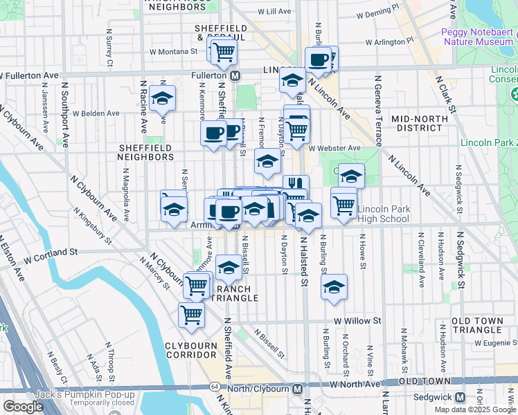 map of restaurants, bars, coffee shops, grocery stores, and more near 2024 North Fremont Street in Chicago