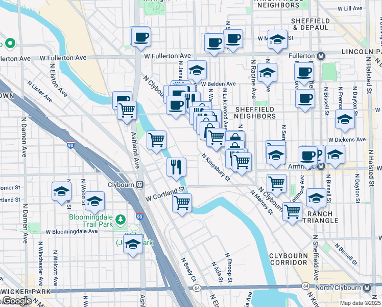 map of restaurants, bars, coffee shops, grocery stores, and more near 2031 North Southport Avenue in Chicago
