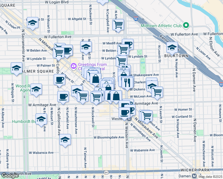 map of restaurants, bars, coffee shops, grocery stores, and more near 2047 North Milwaukee Avenue in Chicago