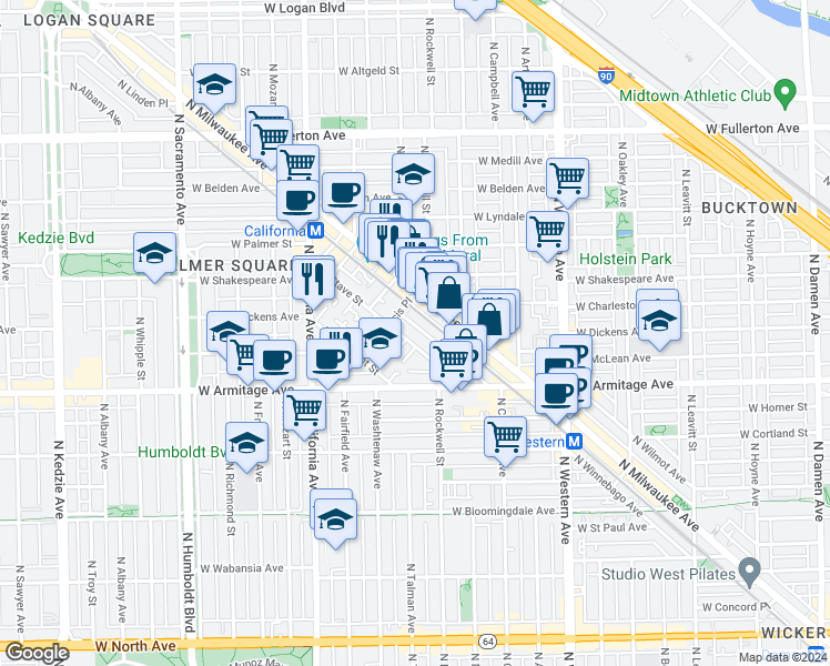 map of restaurants, bars, coffee shops, grocery stores, and more near 2118 North Bingham Street in Chicago
