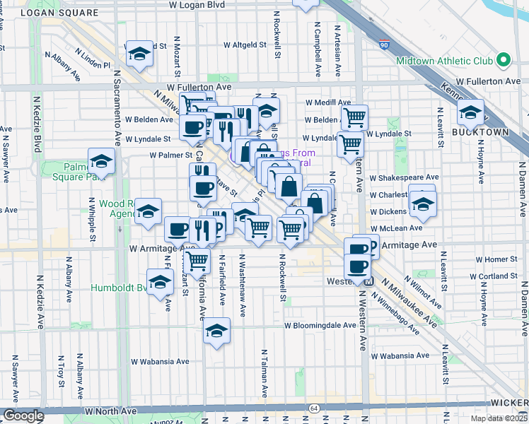 map of restaurants, bars, coffee shops, grocery stores, and more near 2118 North Bingham Street in Chicago