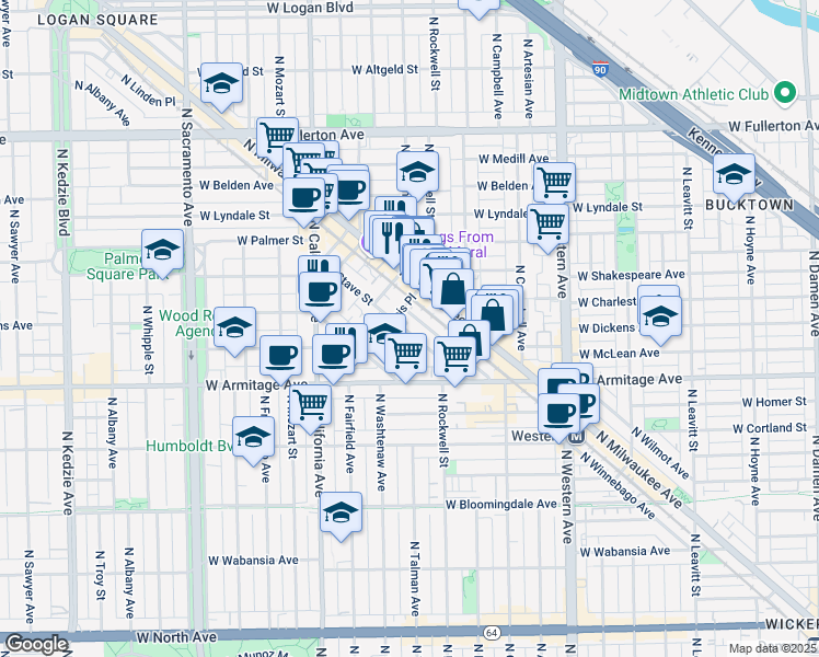 map of restaurants, bars, coffee shops, grocery stores, and more near 2118 North Bingham Street in Chicago
