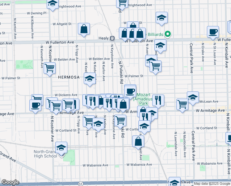 map of restaurants, bars, coffee shops, grocery stores, and more near 2101 North Keystone Avenue in Chicago