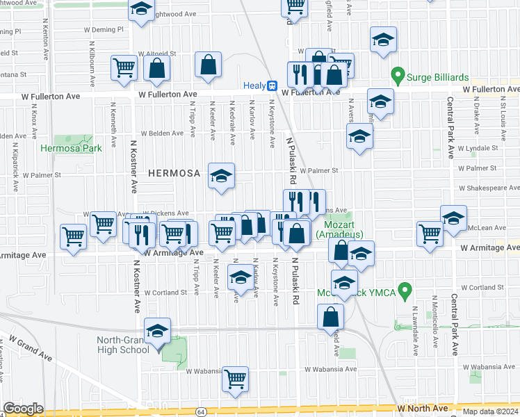 map of restaurants, bars, coffee shops, grocery stores, and more near 4058 West Dickens Avenue in Chicago