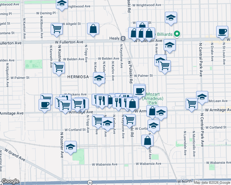 map of restaurants, bars, coffee shops, grocery stores, and more near 4058 West Dickens Avenue in Chicago
