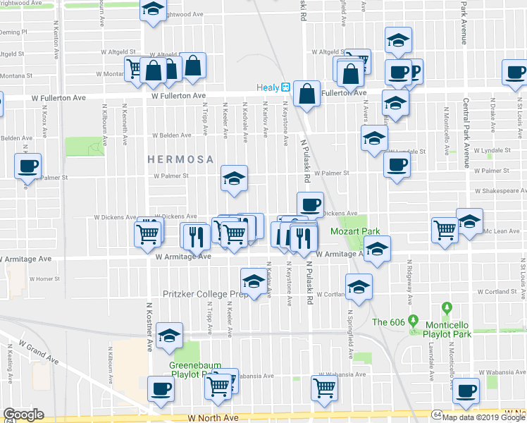 map of restaurants, bars, coffee shops, grocery stores, and more near 4058 West Dickens Avenue in Chicago