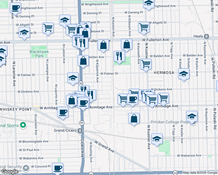 map of restaurants, bars, coffee shops, grocery stores, and more near 4622 West Dickens Avenue in Chicago
