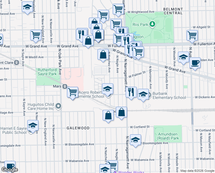 map of restaurants, bars, coffee shops, grocery stores, and more near 2125 North Natchez Avenue in Chicago