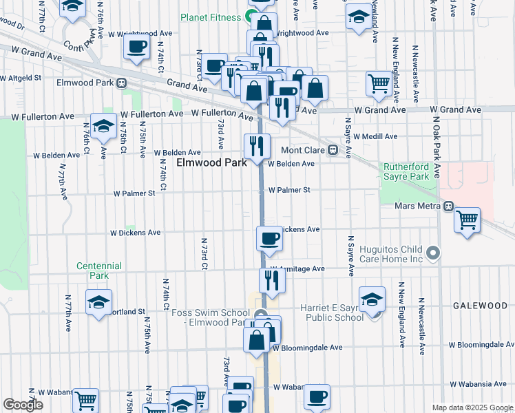 map of restaurants, bars, coffee shops, grocery stores, and more near 2123 North 72nd Court in Elmwood Park
