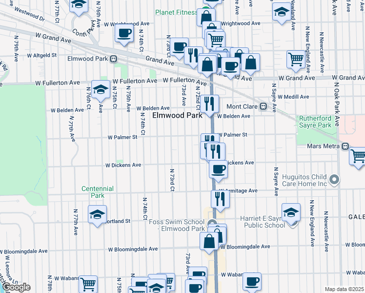 map of restaurants, bars, coffee shops, grocery stores, and more near 2127 73rd Avenue in Elmwood Park