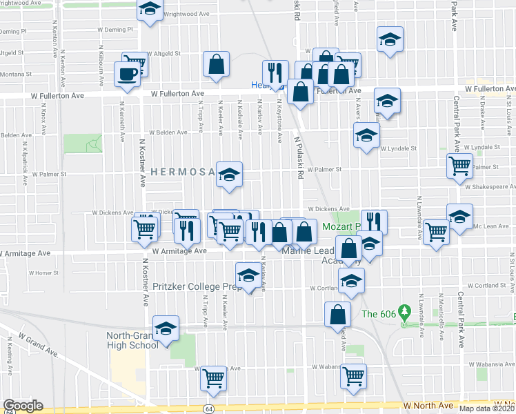 map of restaurants, bars, coffee shops, grocery stores, and more near 4104 West Dickens Avenue in Chicago