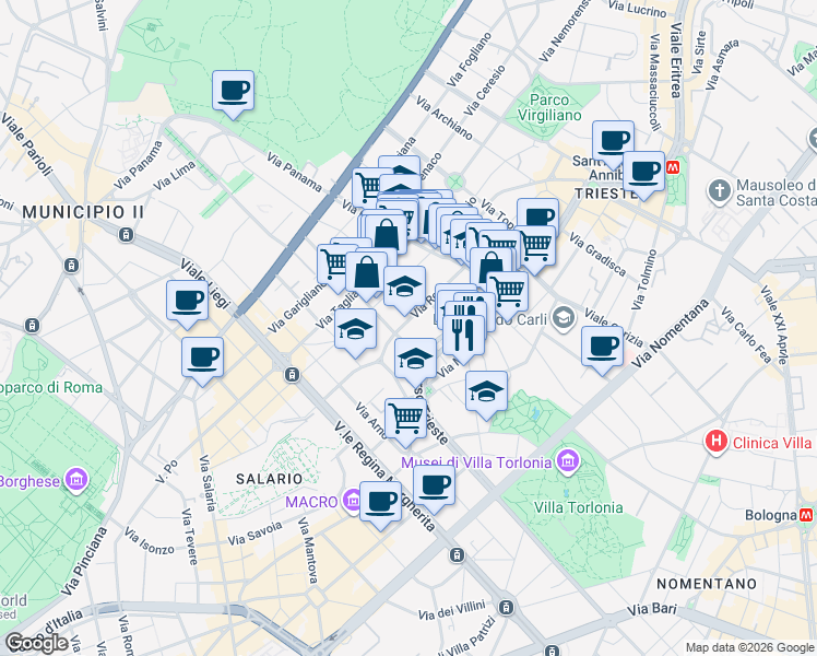 map of restaurants, bars, coffee shops, grocery stores, and more near 4 Via Reno in Rome