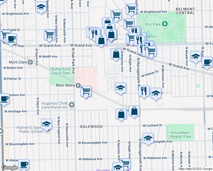 map of restaurants, bars, coffee shops, grocery stores, and more near 2128 North Nashville Avenue in Chicago