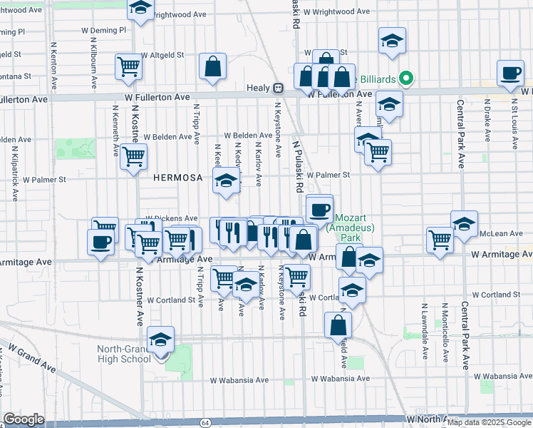 map of restaurants, bars, coffee shops, grocery stores, and more near 4058 West Dickens Avenue in Chicago
