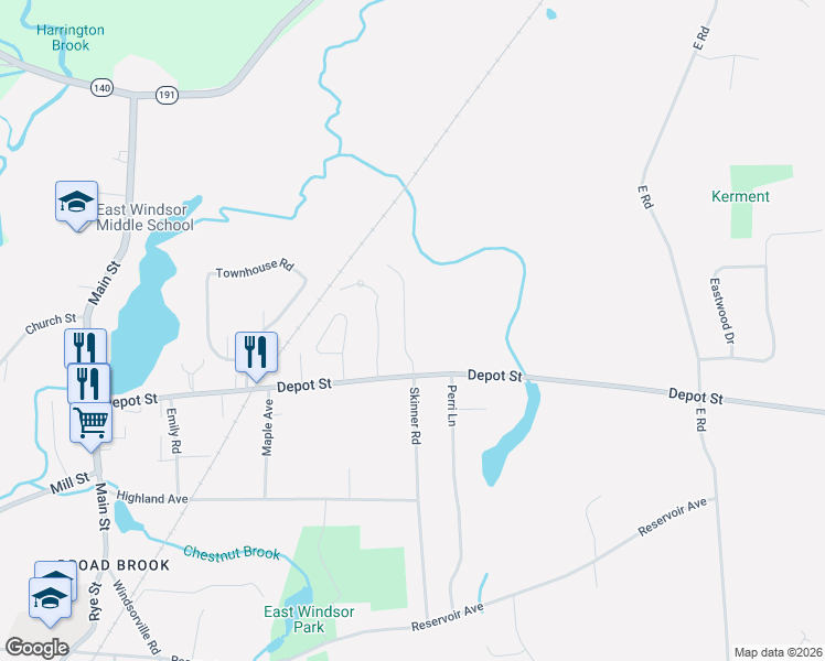 map of restaurants, bars, coffee shops, grocery stores, and more near 10 Farms Road in East Windsor