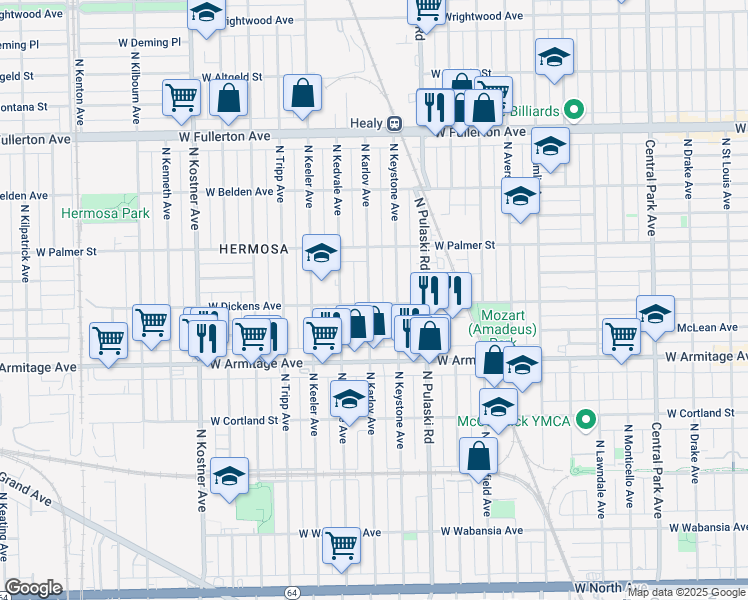 map of restaurants, bars, coffee shops, grocery stores, and more near 4058 West Dickens Avenue in Chicago