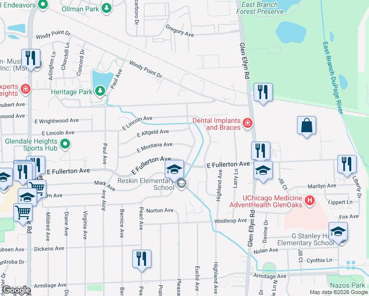 map of restaurants, bars, coffee shops, grocery stores, and more near 481 East Montana Avenue in Glendale Heights