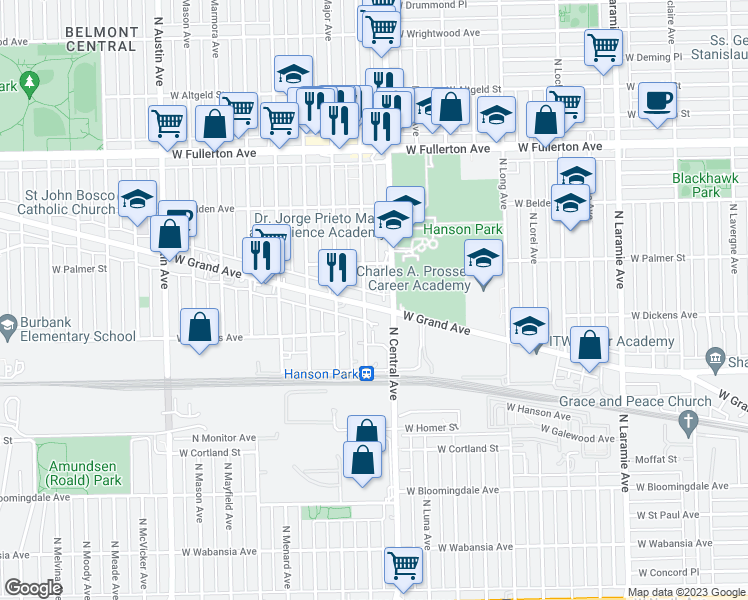 map of restaurants, bars, coffee shops, grocery stores, and more near 5618 West Grand Avenue in Chicago
