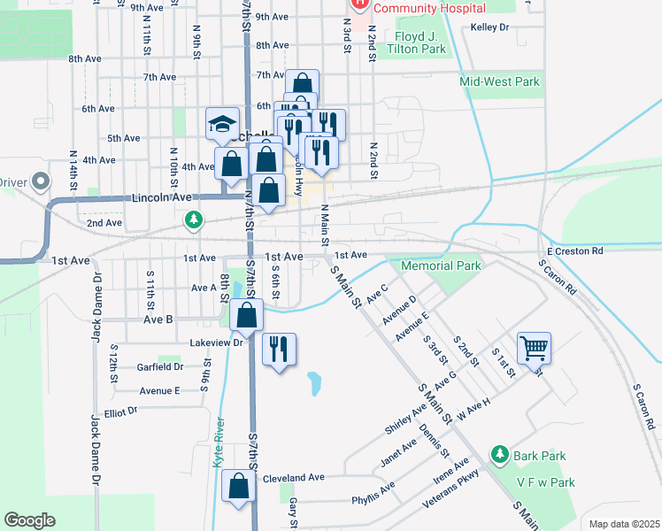 map of restaurants, bars, coffee shops, grocery stores, and more near 108 South Main Street in Rochelle