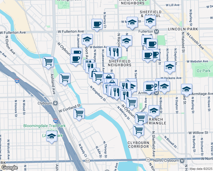 map of restaurants, bars, coffee shops, grocery stores, and more near 2051 North Clybourn Avenue in Chicago