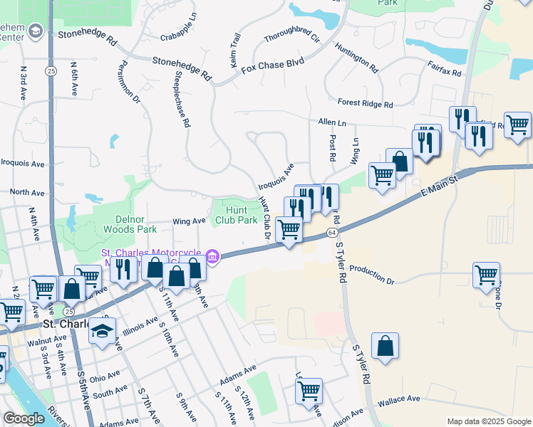 map of restaurants, bars, coffee shops, grocery stores, and more near 127 Hunt Club Drive in Saint Charles