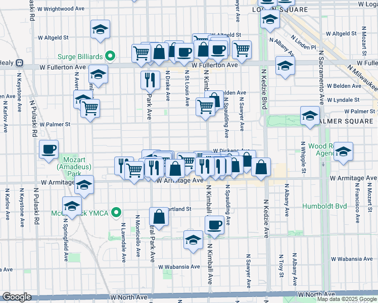 map of restaurants, bars, coffee shops, grocery stores, and more near W Dickens Ave & N St Louis Ave in Chicago