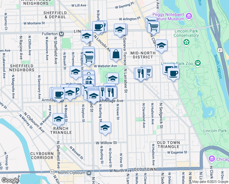 map of restaurants, bars, coffee shops, grocery stores, and more near 2028 N Howe St in Chicago