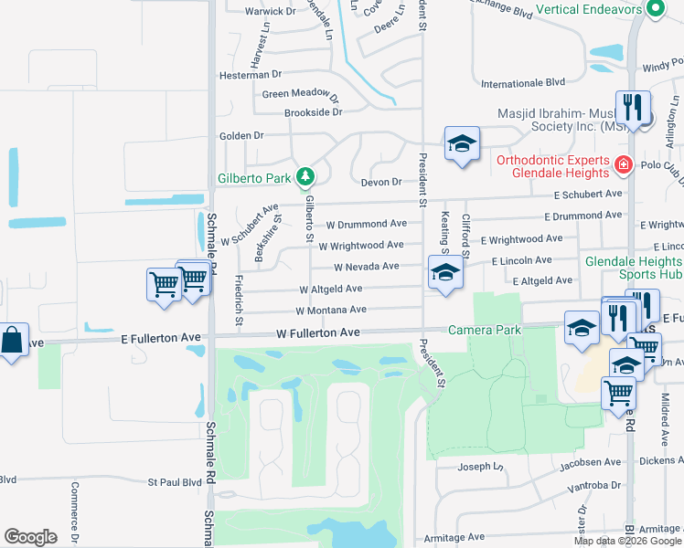 map of restaurants, bars, coffee shops, grocery stores, and more near 81 West Nevada Avenue in Glendale Heights