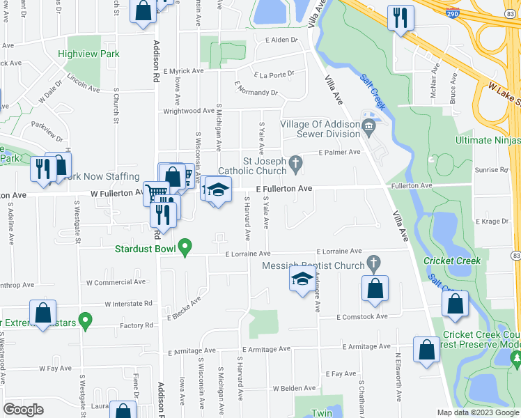 map of restaurants, bars, coffee shops, grocery stores, and more near 424 South Yale Avenue in Addison