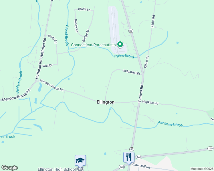 map of restaurants, bars, coffee shops, grocery stores, and more near 51 Meadow Brook Road in Ellington