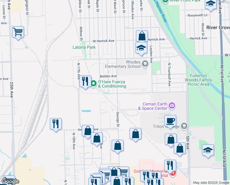 map of restaurants, bars, coffee shops, grocery stores, and more near 2200 North West Street in River Grove