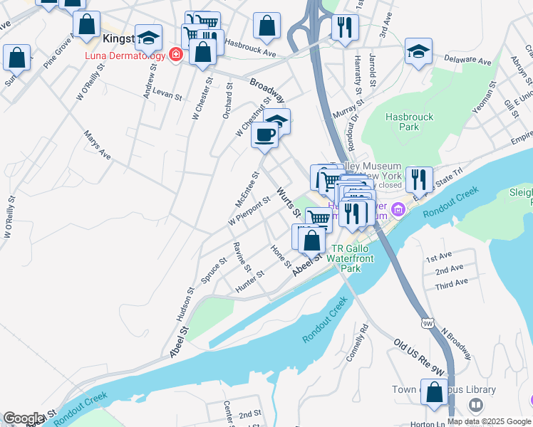 map of restaurants, bars, coffee shops, grocery stores, and more near 69 Spring Street in Kingston