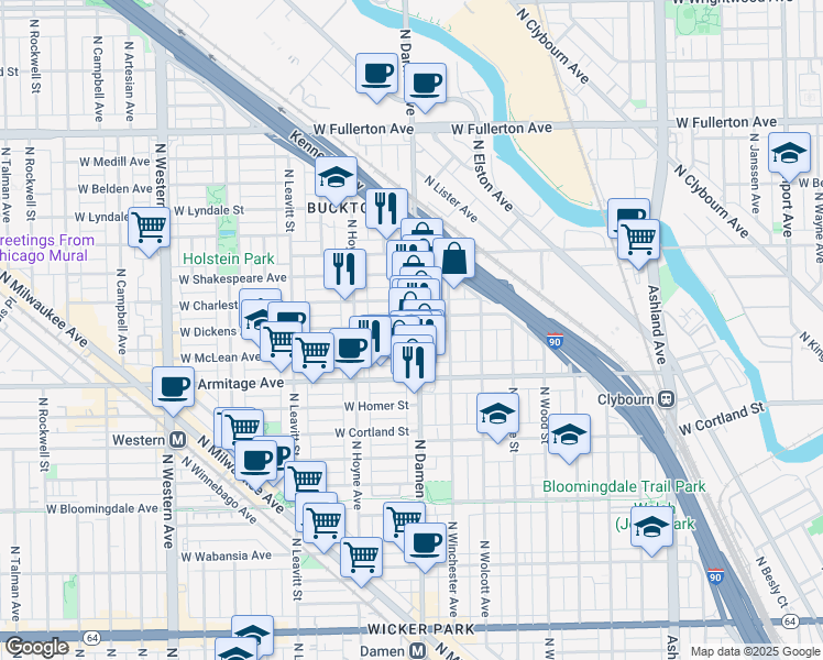 map of restaurants, bars, coffee shops, grocery stores, and more near 2048 North Damen Avenue in Chicago