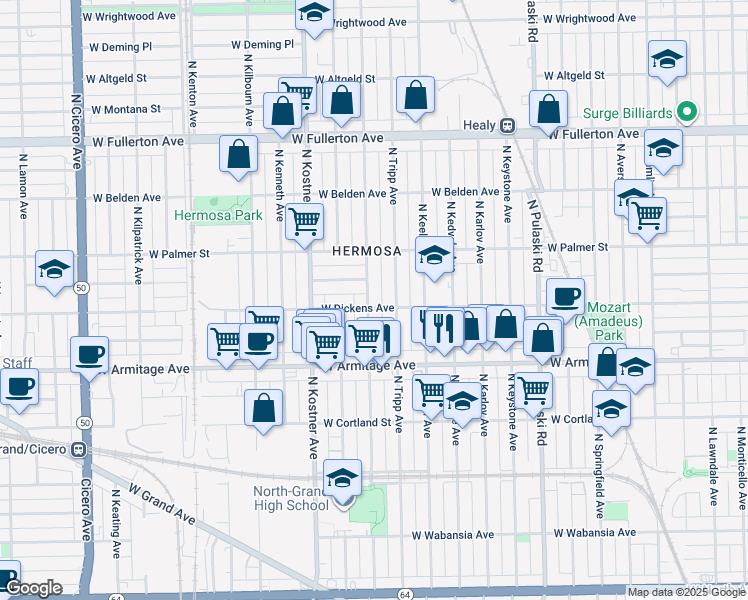 map of restaurants, bars, coffee shops, grocery stores, and more near 2107 North Kildare Avenue in Chicago