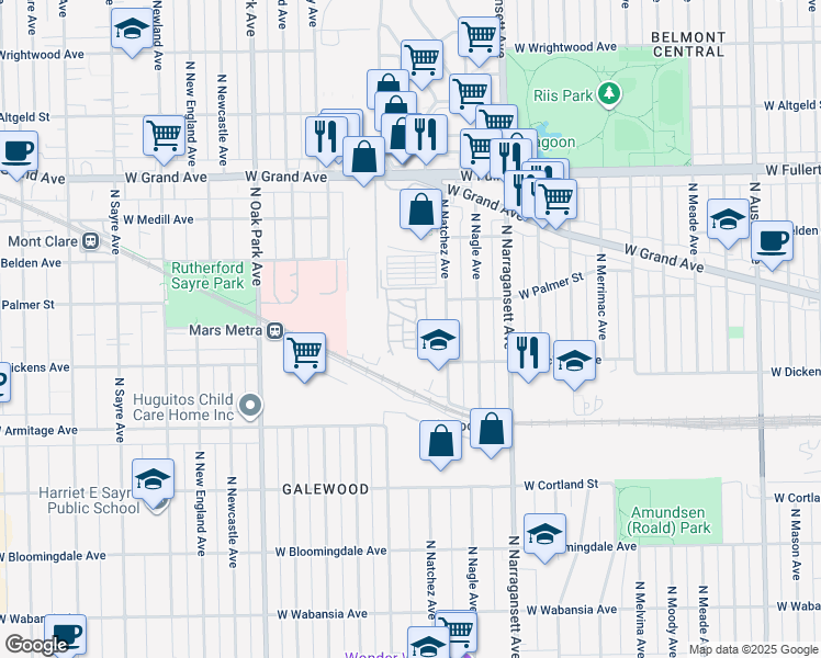 map of restaurants, bars, coffee shops, grocery stores, and more near 6539 West Shakespeare Avenue in Chicago