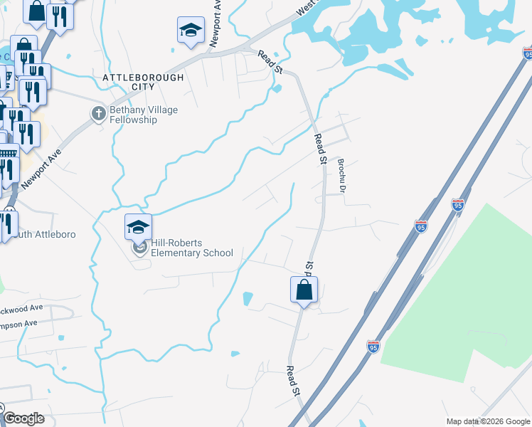 map of restaurants, bars, coffee shops, grocery stores, and more near 10 Woodside Avenue in Attleboro
