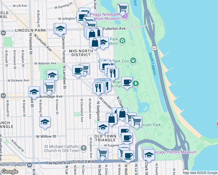 map of restaurants, bars, coffee shops, grocery stores, and more near 2026 North Clark Street in Chicago