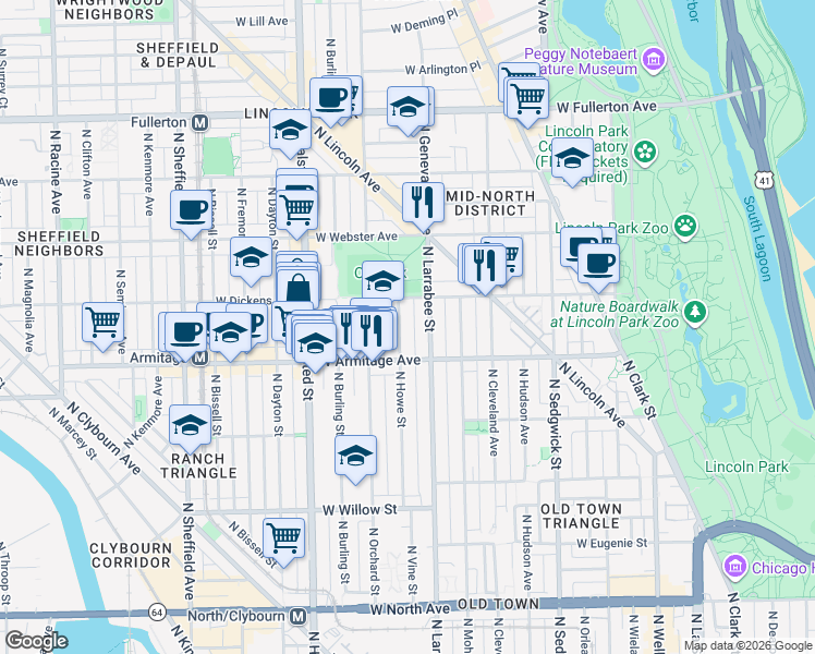 map of restaurants, bars, coffee shops, grocery stores, and more near 2028 North Howe Street in Chicago