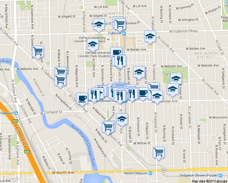 map of restaurants, bars, coffee shops, grocery stores, and more near 2028 North Sheffield Avenue in Chicago