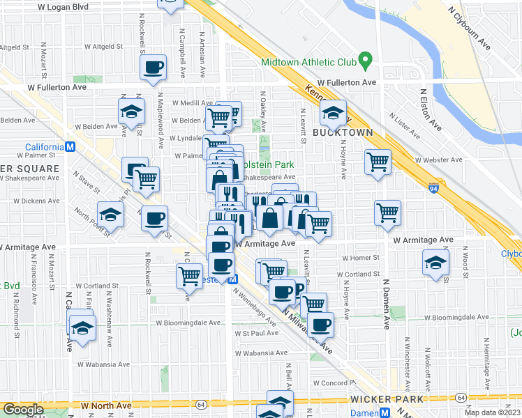 map of restaurants, bars, coffee shops, grocery stores, and more near 2044 North Oakley Avenue in Chicago