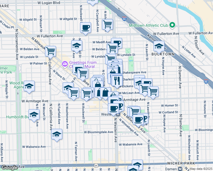 map of restaurants, bars, coffee shops, grocery stores, and more near in Chicago