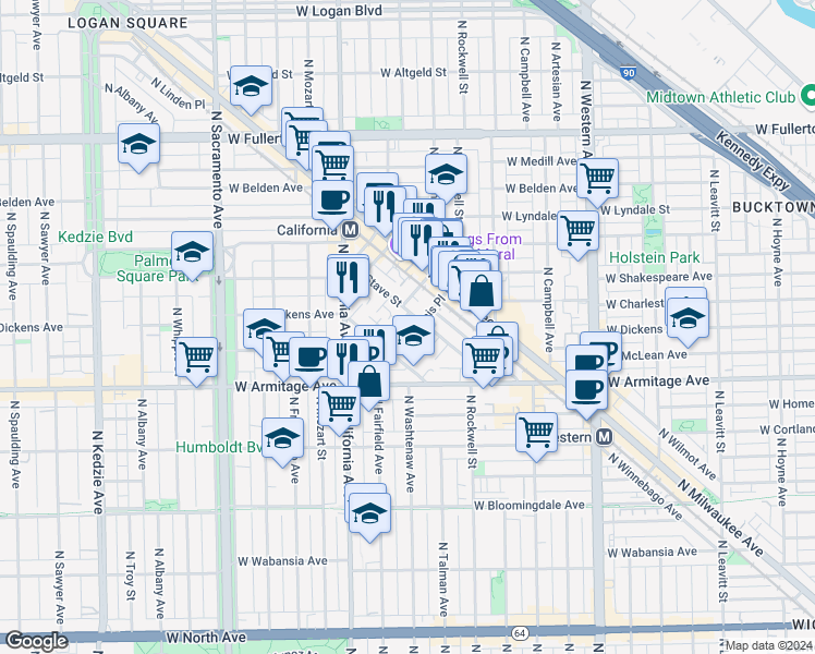 map of restaurants, bars, coffee shops, grocery stores, and more near in Chicago