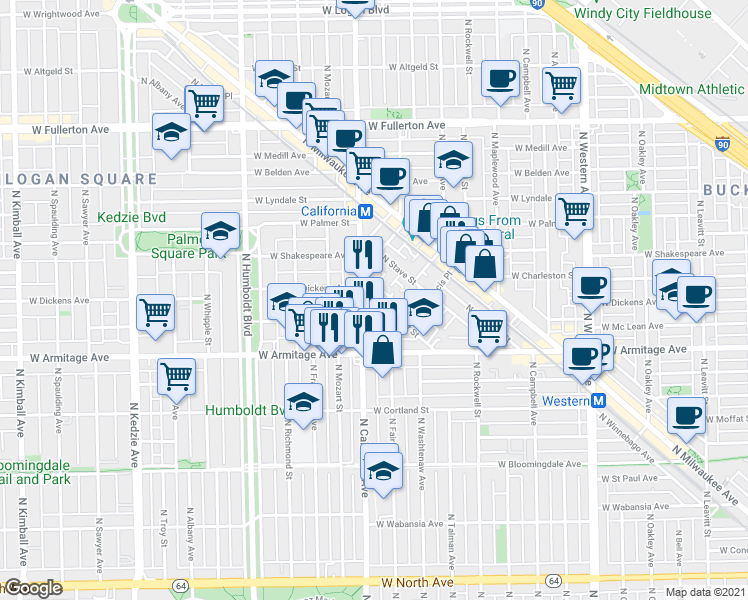 map of restaurants, bars, coffee shops, grocery stores, and more near 2123 North Point Street in Chicago