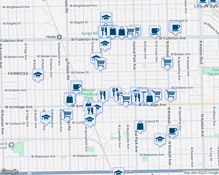 map of restaurants, bars, coffee shops, grocery stores, and more near 3713 West Dickens Avenue in Chicago