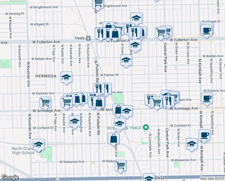 map of restaurants, bars, coffee shops, grocery stores, and more near 3906 West Dickens Avenue in Chicago