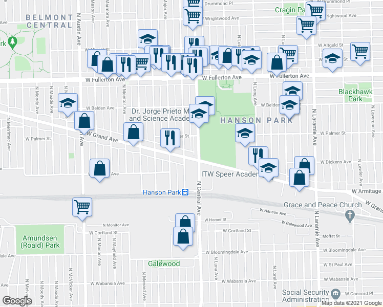 map of restaurants, bars, coffee shops, grocery stores, and more near 5618 West Grand Avenue in Chicago